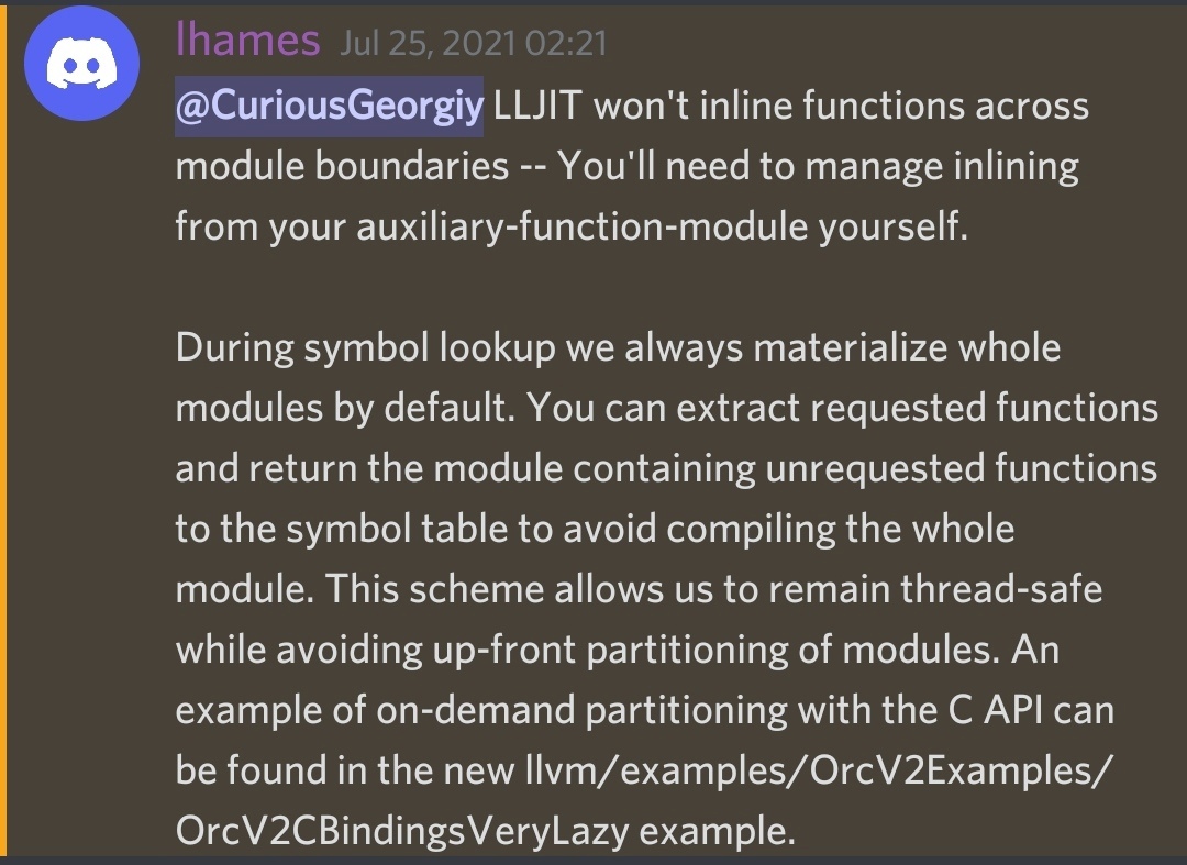 LLVM JIT inlining response from Lang Hames