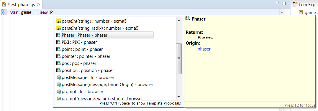 Phaser Object Literal Completion