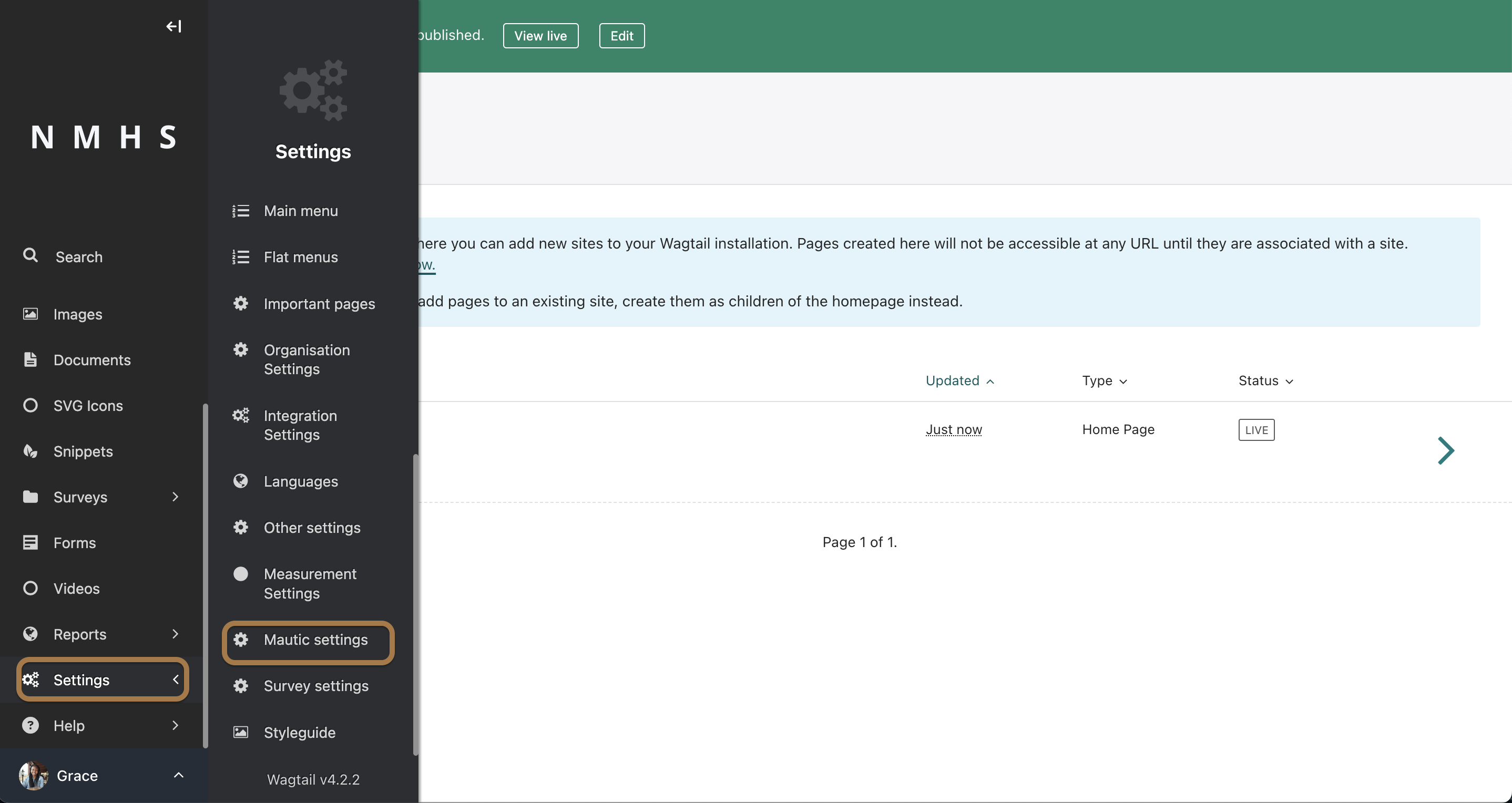 Navigation in Wagtail admin